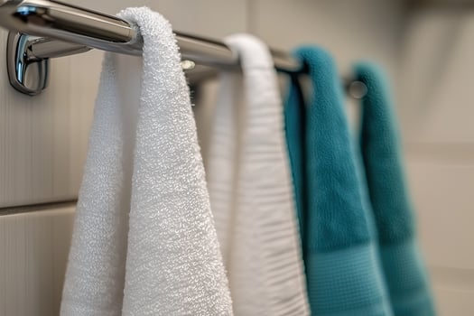 Kitchen towels hanging on a rack on a white brick wall photo
