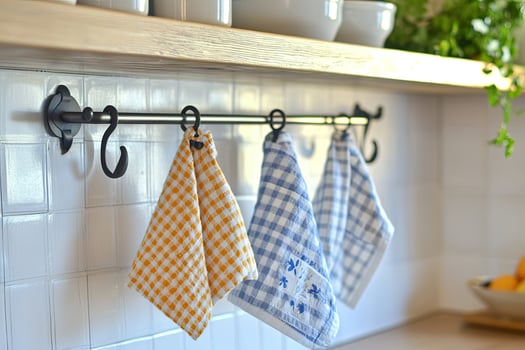 Kitchen towels hanging on a rack on a white brick wall photo