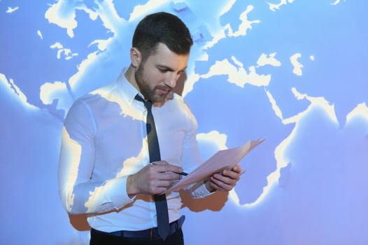 businessman on the background of the world map, international economy. photo