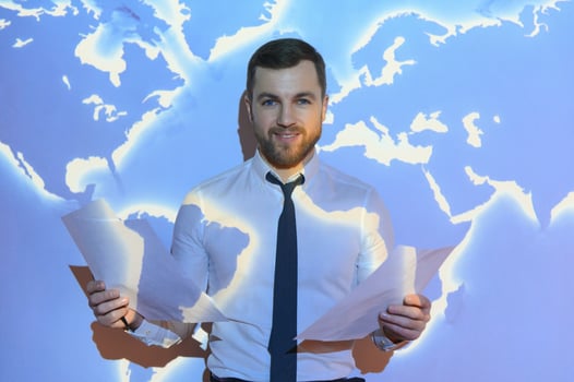 International business concept with businessman on background with network on map. photo