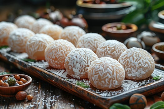 Row of Powdered Dough Balls on Wooden Tray photo