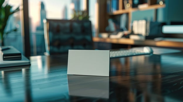 Corporate Elegance Cinematic Documentary Close-Up of Business Card on Sleek Desk in Office Setting photo