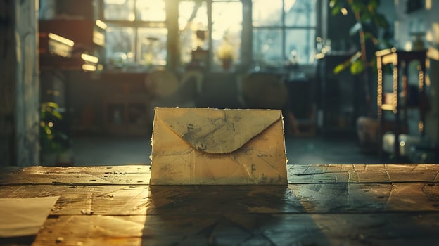 Morning Light in Home Office - Cinematic Documentary Style Shot of Envelope on Wooden Table for Editorial or Magazine Photography photo