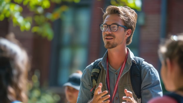 A man with glasses and a backpack talking to people photo