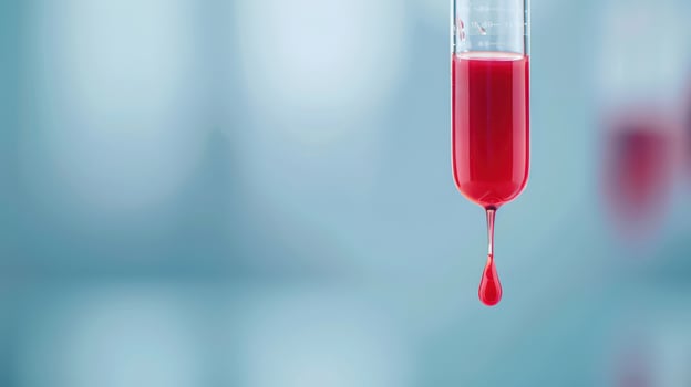 Red liquid droplet from test tube in laboratory setting photo