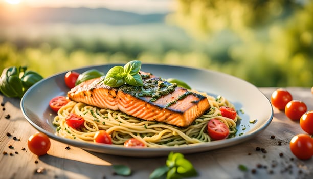 Spaghetti pesto with grilled salmon - Italian food style photo