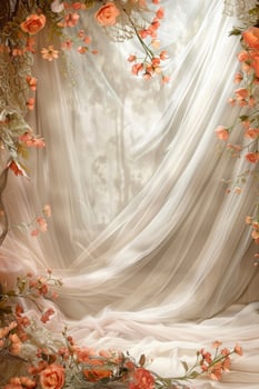 Soft fabric backdrop with floral accents. Romantic wedding vertical background. photo