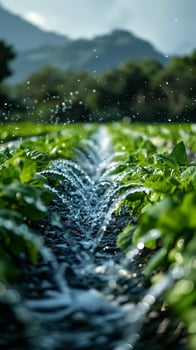 Water spray over green crops in a field, with sunlight reflecting on droplets, emphasizing irrigation and sustainable farming photo