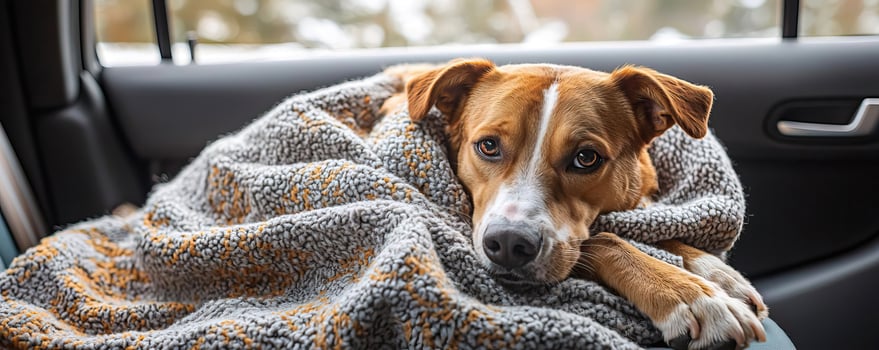 Dog curled up on the back seat with a blanket, with the car interior cozy and packed for a long trip, road trip with dog, warmth and comfort photo