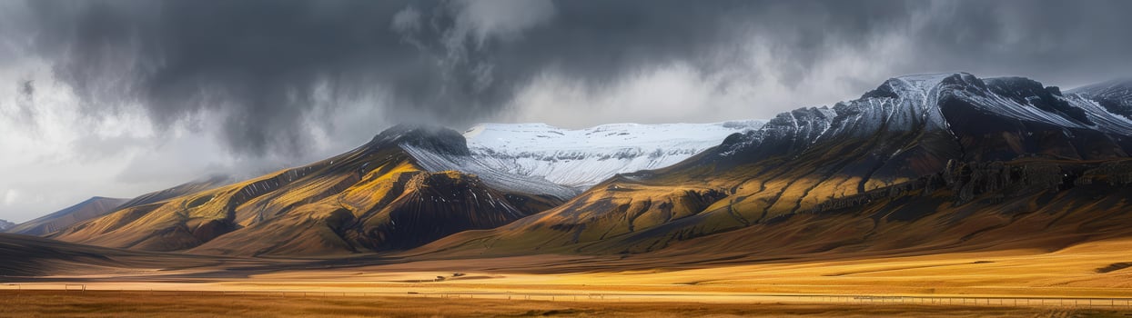A panoramic view reveals dramatic light and clouds over snow-capped mountain peaks, with golden yellow grass in the foreground photo