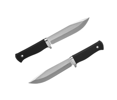 Modern hunting knife with silver blade and rubber handle. Steel arms. Isolate on a white back photo
