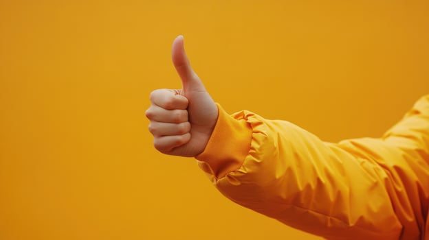 A Hand in a Yellow Jacket Giving a Thumbs Up Gesture photo