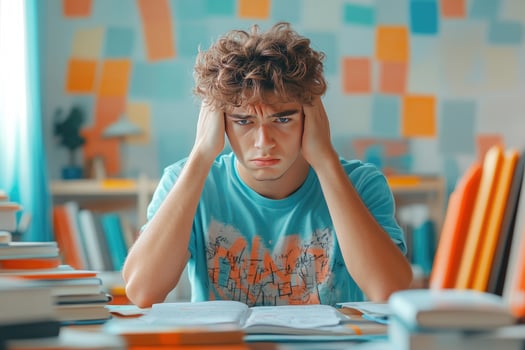Young Man Feeling Overwhelmed by Studying at Home photo