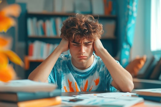 A Frustrated Young Man Sitting at a Desk With His Hands Over His Ears photo