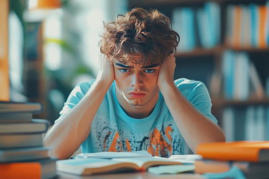 Frustrated Young Man Studying with Books photo