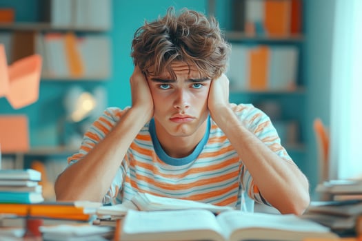 Frustrated Young Man Studying with Books in a Library photo