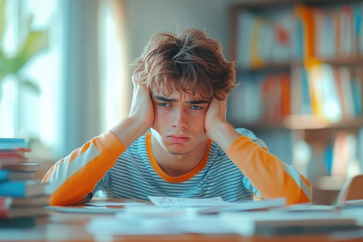 A Young Man Feeling Overwhelmed by His Studies, Sitting at a Desk with Papers and Books Scattered Around Him photo