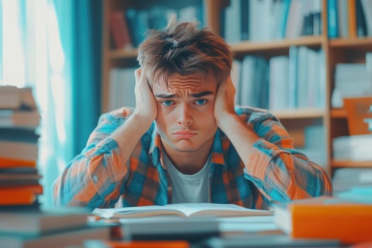 Tired Student Covering Ears While Studying photo