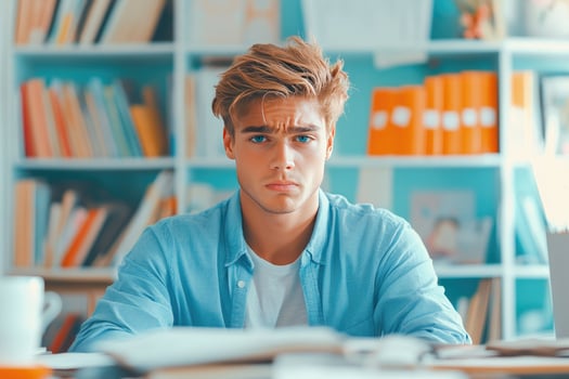 A Young Man with Blonde Hair Looking Pensively at the Camera photo