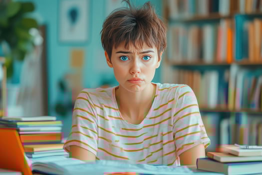 Young Woman with Blue Eyes Looks Worried While Studying photo