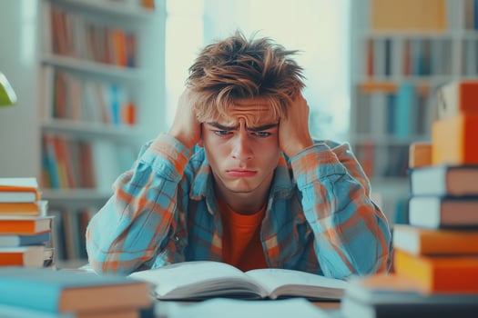 Frustrated Young Man Studying in a Library photo