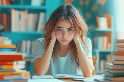 A young woman with long brown hair sits at a desk with her head in her hands, appearing overwhelmed photo