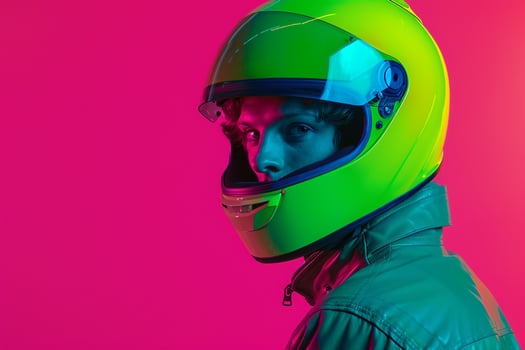 Stylish Fashion Male Model in Neon purple Sunglasses Neon Green Background portrait with Unique Flair photo