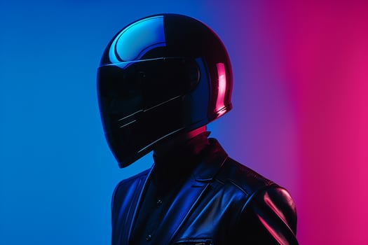 Urban Fashion Male Model in Black Fashion Helmet Neon Blue Background portrait with Sleek Design photo