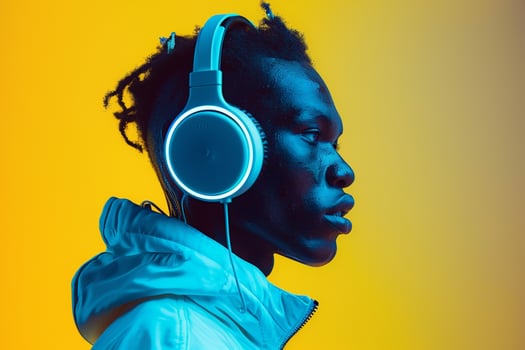 Trendy Fashion Male Model in Neon Blue Headphones Lifestyle portrait with Neon Yellow Background photo