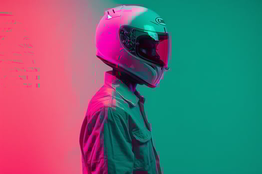 Modern portrait of Fashion Male Model in Neon pink Fashion Helmet against Neon Green Background photo