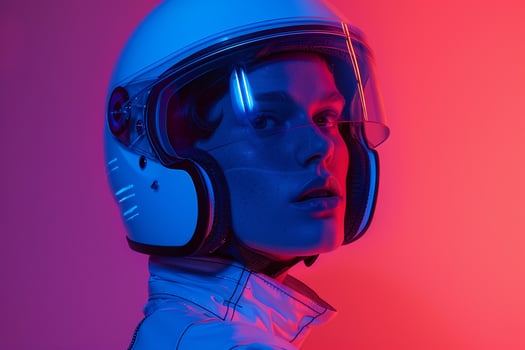 Striking portrait of Fashion Male Model in Neon Coral Helmet against Neon Blue Background photo