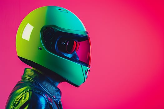 Trendy Male Model in Neon Green Helmet with Neon pink Background Contemporary Lifestyle portrait for Fashion Forward Male photo