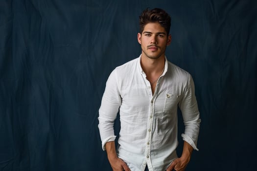 Fashion Male Model in Henley Shirt with Soft Navy Background Casual Lifestyle portrait for Stylish Male photo