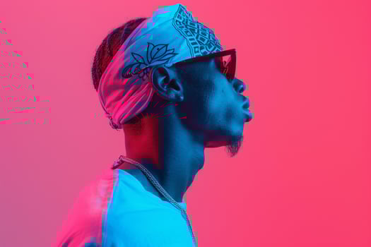 Fashion Male Model in Neon Aqua Bandana with Neon pink Background Stylish Lifestyle portrait for Trendy Maleswear photo