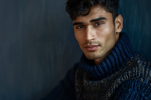 Classic Male Model in Timeless Sweater with Navy Blue Background elegant Lifestyle portrait for Modern Male photo