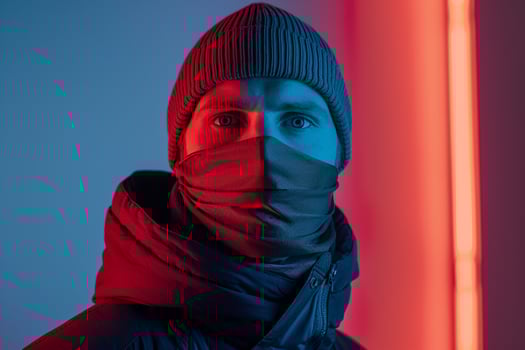 Stylish Male Model in Burgundy Face Mask with Neon Aqua Background Contemporary Lifestyle portrait photo