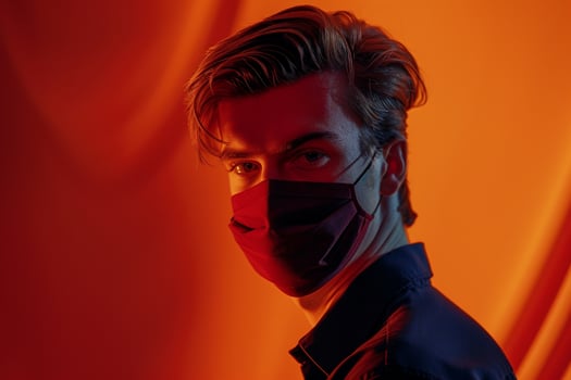 Trendy Male Model in Burgundy Face Mask with Neon Orange Background Contemporary Lifestyle portrait photo