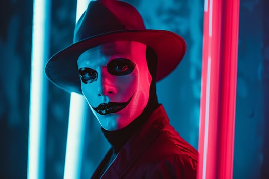 Modern Male Model in Maroon Face Mask with Neon Blue Background Trendy Lifestyle portrait photo