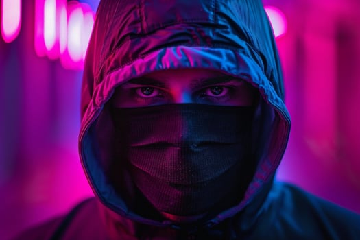 Modern Male Model in Maleswear and Neon purple Face Mask Set Against a Stylish Lifestyle portrait Background photo