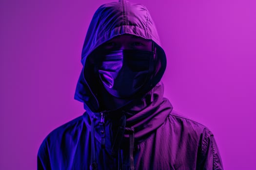 Trendy Male Model in Maleswear Face Mask with Neon purple Highlights Showcased in a Contemporary Lifestyle portrait photo