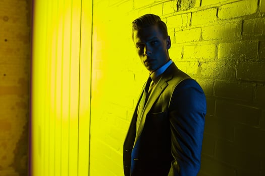 Chic Male Model in Maleswear Suit with Neon Yellow portrayed in a Contemporary Lifestyle portrait Background photo