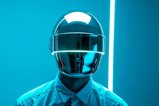 Fashionable Male Model in Trendy Face Mask with Neon Teal Captured in a Contemporary Lifestyle portrait Background photo