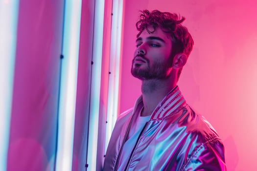 Handsome Fashion Male Model in Metallic Silver Jacket with Neon Coral Captured in a Trendy Lifestyle portrait Background photo