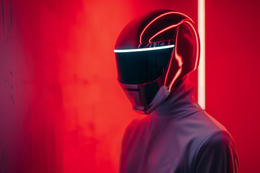 Trendy Fashion Male Model in Males Face Mask with Neon Red Showcased in a Contemporary Lifestyle portrait Setting photo
