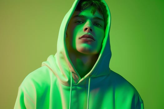 Handsome Male Model in Casual Hoodie with Neon Green Chic portrait with Dynamic Urban Lifestyle Background photo