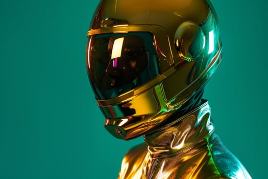 Handsome Male Model in Gold Fashion Helmet with Neon Green Contemporary portrait with Vibrant Urban Background photo