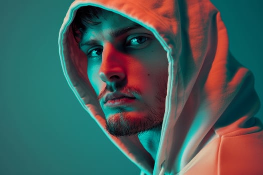 Stylish Male Model in Hoodie with Neon Aqua Modern portrait with Urban Background photo
