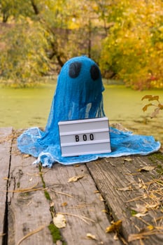 Trick or treat halloween blue ghost with Lightbox BOO text made of bandages in fall autumnal forest. Halloween greeting card. Handicraft handmade diy decoration. photo