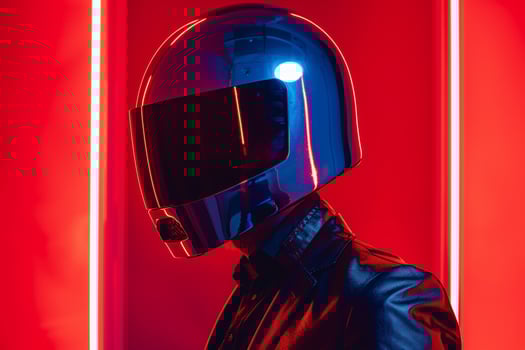 Stylish Male Model in Silver Fashion Helmet with Neon Red Chic portrait with Vibrant Urban Setting photo
