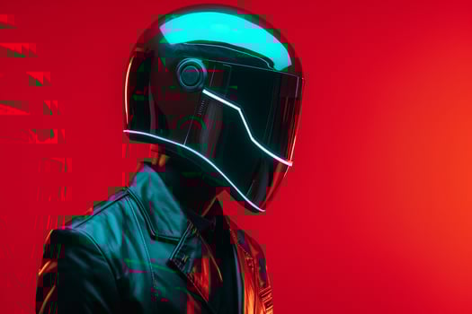 Fashionable Male Model in Casual Fashion Helmet with Neon Teal Stylish portrait with Urban Setting photo
